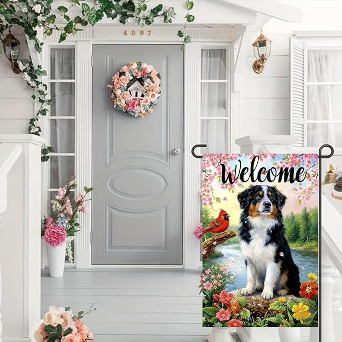 Spring Summer Australian Shepherd Dog Garden Flags 12x18 Double Sided, Small Burlap Seasonal Cardinal Flowers Garden Flag Spring Summer Outdoor Yard Decorations for Outside Lawn Decor