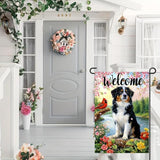 Spring Summer Australian Shepherd Dog Garden Flags 12x18 Double Sided, Small Burlap Seasonal Cardinal Flowers Garden Flag Spring Summer Outdoor Yard Decorations for Outside Lawn Decor