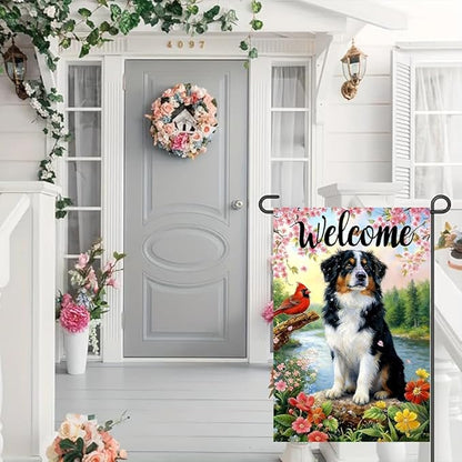 Spring Summer Australian Shepherd Dog Garden Flags 12x18 Double Sided, Small Burlap Seasonal Cardinal Flowers Garden Flag Spring Summer Outdoor Yard Decorations for Outside Lawn Decor