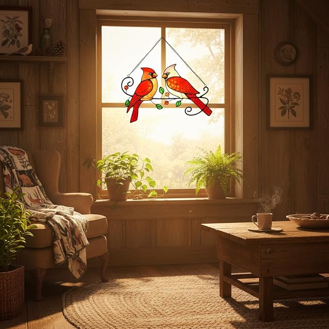Cardinal Bird Stained Glass Window Hanging, Sun Catchers Indoor Panel, Nautical Suncatcher Decor for Home, Wall, Garden, Coastal Ornament, Gift for Women and Mom