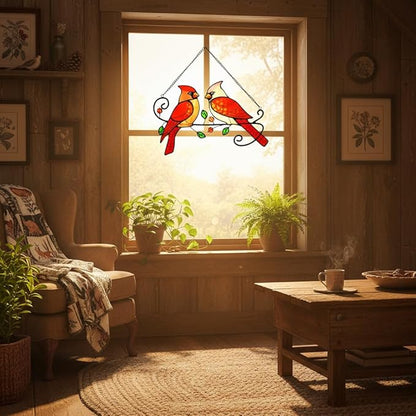 Cardinal Bird Stained Glass Window Hanging, Sun Catchers Indoor Panel, Nautical Suncatcher Decor for Home, Wall, Garden, Coastal Ornament, Gift for Women and Mom