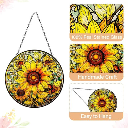 Sunflower Sun Catcher Stained Glass Window Hanging - Flower Sun Catchers Ornaments for Kitchen Door Home Garden Decor - Handmade Suncatchers Glass Panel - Mothers Day Birthday Gifts for Mom Grandma