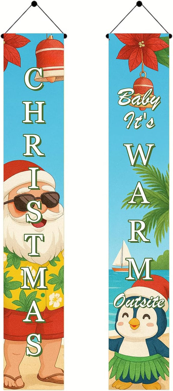 Tropical Christmas Porch Banner 12x71 Inch Beach Santa Penguin Christmas Door Banner Holiday Front Door Decor Outdoor Hanging Sign for Winter Christma Decorations Xmas Porch Sign for Front Door Outdoor Winter Home Decor