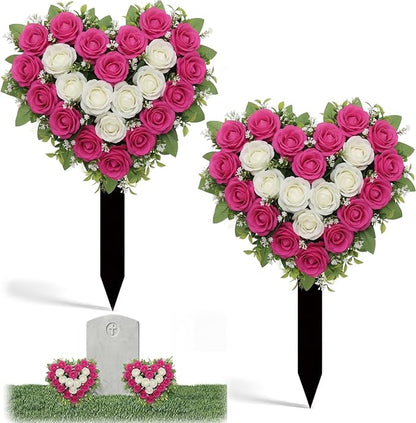 Frienda 2 Sets Cemetery Flowers Grave Stake Metal Floral Decor for Tombstone, Outdoor Gravesite Markers for Mom Dad, Memorial Day Spring Easter Grave Decor(Heart,Rose Red,White)