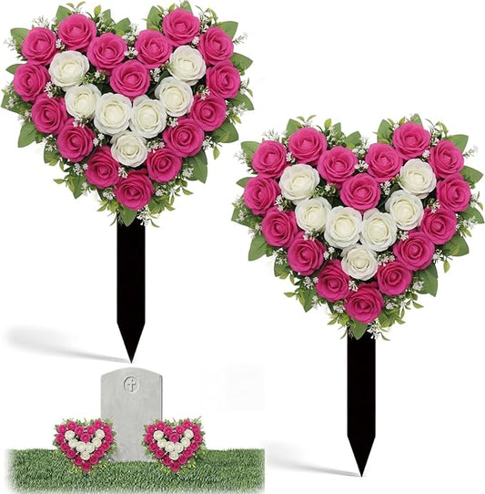 Frienda 2 Sets Cemetery Flowers Grave Stake Metal Floral Decor for Tombstone, Outdoor Gravesite Markers for Mom Dad, Memorial Day Spring Easter Grave Decor(Heart,Rose Red,White)