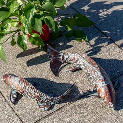 Set of 2 Large Antique Copper Koi Fish Statues Sculptures: Outdoor Metal Garden Decor for Pond, Patio, Yard, Lawn, and Home Décor, for Women, Mom, Grandma