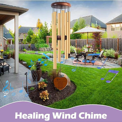Healing Wind Chimes for Outdoor Garden, Large Memorial Musical Chimes with Heart Pendant, Gold Aluminum Tubes