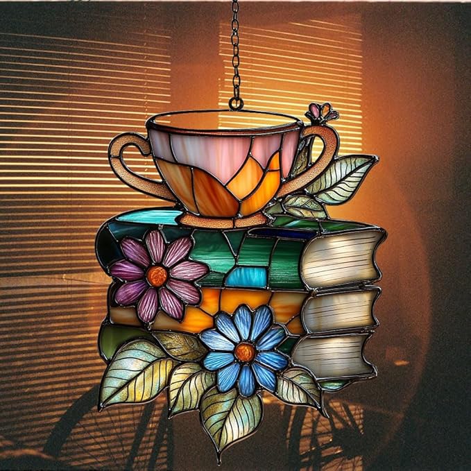 Floral Books and Tea Acrylic Suncatcher Stained Glass Effect Window Car Hanging Christmas Ornament Indoor Outdoor Decor Garden Sun Catcher Panel for Book Lover for Women Mom Grandma