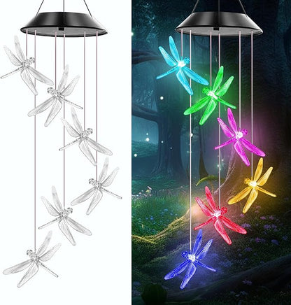 Dragonfly Solar Wind Chimes Outdoor, Color Changing Solar Lights, Gifts for Mom Grandma, Waterproof Decorative Mobile Light, Gardening Gift for Garden,Patio, Window, Yard, Outdoor Decor
