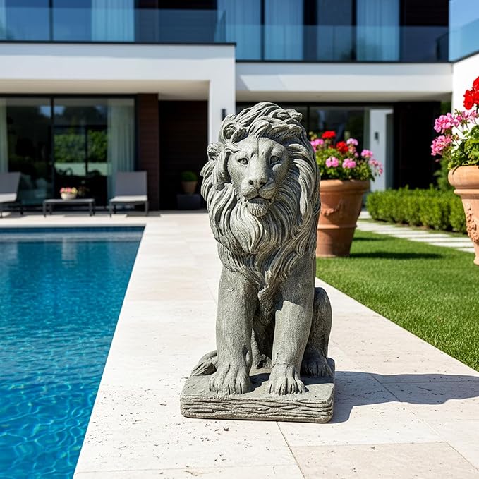 Lion Statue for Garden - Outdoor Sculpture Decoration - 22.8" H Concrete Seated Lion Statue for Home Décor Patio Yard