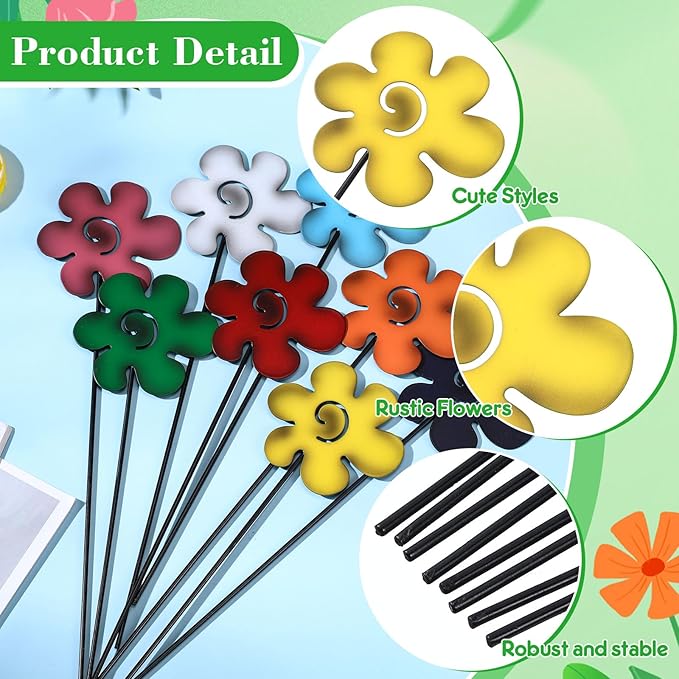 8 Pack Spring Rustic Metal Flowers Decorative, 12" Farmhouse Garden Decor Outside Rust Garden Stakes, Farmhouse Yard Art Ornament for Spring Outdoor Lawn Porch Pathway Patio Decor