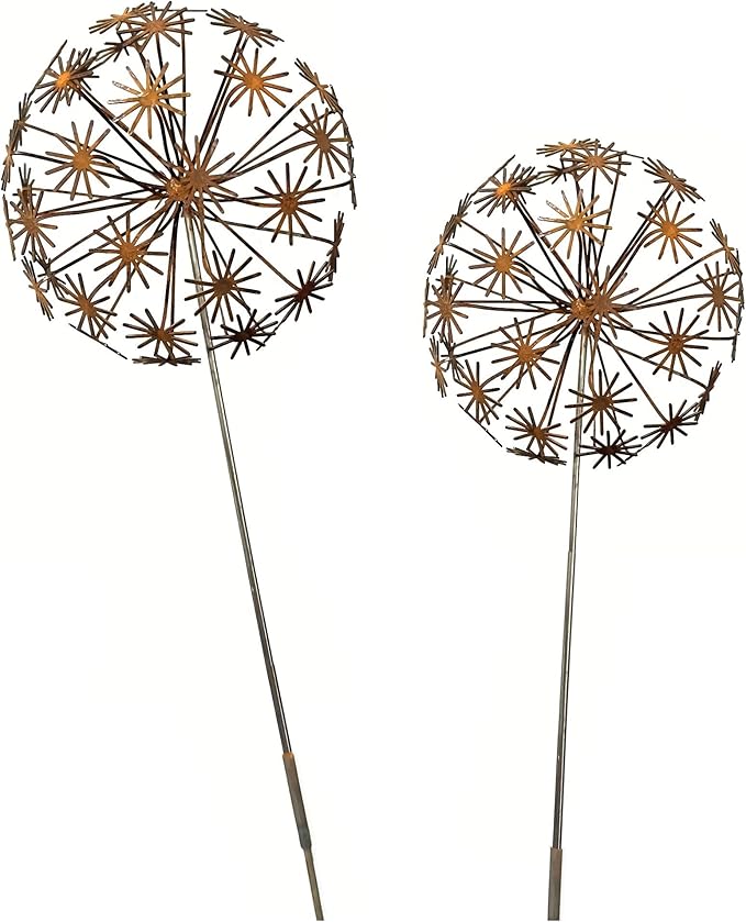 2 Pack Metal Flower Stakes for Outside, 3D Rusty Metal Plants Garden Statues Yard Art, Outdooor Decorative Garden Stake for Flower Bed Lawn Balcony Flower Pot (Style 1)