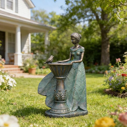 DiliComing Fairy Outdoor-Statues Garden-Decor with Solar - 12 Inch Resin Leaf Girls Birdbath Sculpture Waterproof Outdoor Decor for Patio/Yard, Unique Bird Feeder Figurines Home Decor Gifts for Women