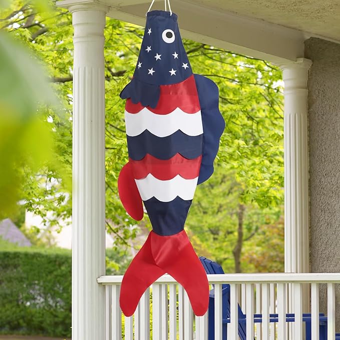 NOVWANG 40 Inch USA American Fish Windsock, Fish Windsock 4th of July Windsock Patriotic Wind Sock Outdoor Hanging Decoration for Garden Yard Balcony Boat Deck Dock Patio Decor