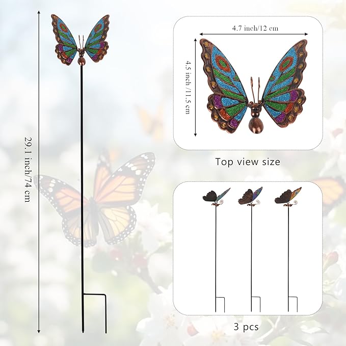3 Pcs Butterfly Garden Stakes, 29" H Decorative Garden Stakes, Metal Yard Art for Outdoor Spring Lawn Patio Pathway Decor