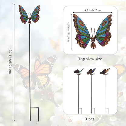 3 Pcs Butterfly Garden Stakes, 29" H Decorative Garden Stakes, Metal Yard Art for Outdoor Spring Lawn Patio Pathway Decor