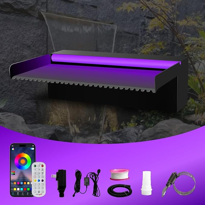 Pamopamo Pool Waterfall Spillway Stainless Steel Pond Fountain, APP Control Colorful LED Lighted Outdoor Black Fountains, Water Flow Spillways Kit for Koi Pond, Swimming Pool, Garden-11.8"x7.8"x3.9"