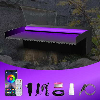 Pamopamo Pool Waterfall Spillway Stainless Steel Pond Fountain, APP Control Colorful LED Lighted Outdoor Black Fountains, Water Flow Spillways Kit for Koi Pond, Swimming Pool, Garden-11.8"x7.8"x3.9"