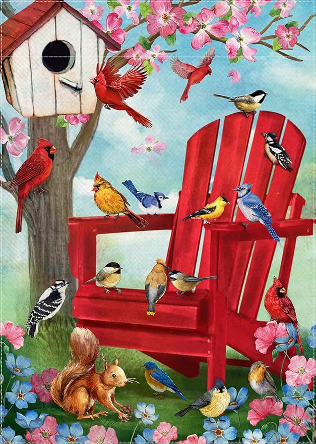 Spring Red Chair Birds Decorative Garden Flag, Cardinal Blue Jay Chickadee Squirrel Birdhouse Flowers Yard Outside Decorations, Summer Farmhouse Outdoor Small Home Decor Double Sided 12 x 18