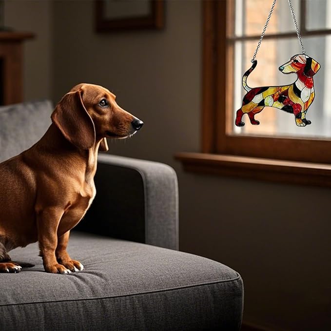 Dachshund Stained Glass Window Hanging, 5.9 * 5.1 in Hand-Painted Sun Catcher Panel Wall Art Decor with Chain, Gifts for Women Mom Grandma