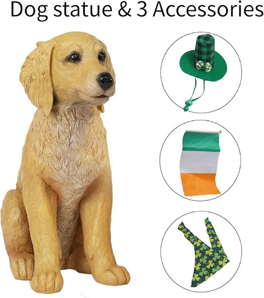 Dog Statues Lawn Decorations - Large Pet Figurines Garden Decor Golden Retriever Leprechaun Statue for Outside Patio Yard Decorations Outdoor Puppy St Patricks Day Gift for Woman 11x5.5x13 inch