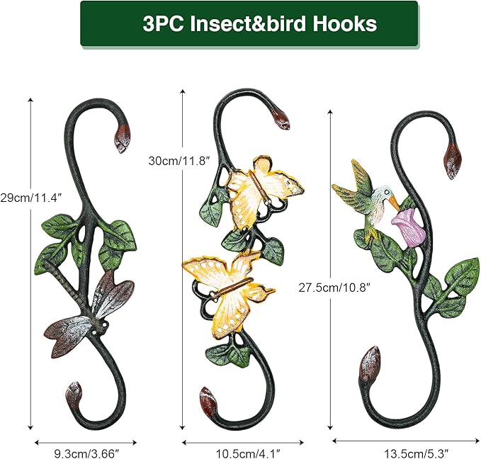 Sungmor Cast Iron Garden Hook Set, 11 Inch S Hook for Hanging, Decorative Flower Pot Hanger, Indoor/Outdoor Large Strong Ceiling Hooks for Macrame, Wind Chime, Bird Feeder