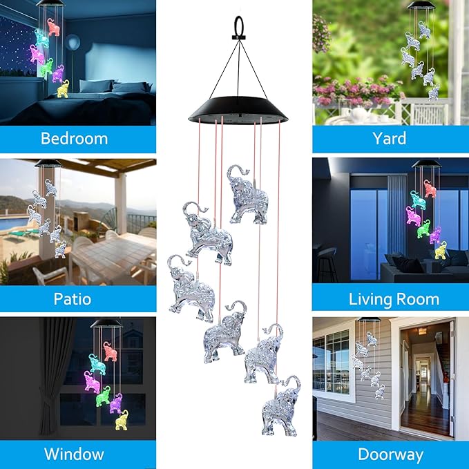 Solar Wind Chimes, Elephant Wind Chimes Gifts for Mom Grandma Women Wife Girls, IP65 Waterproof Hanging Memorial Windchimes with 7 Color Changing LED Lights for Outside Garden Yard Decorations