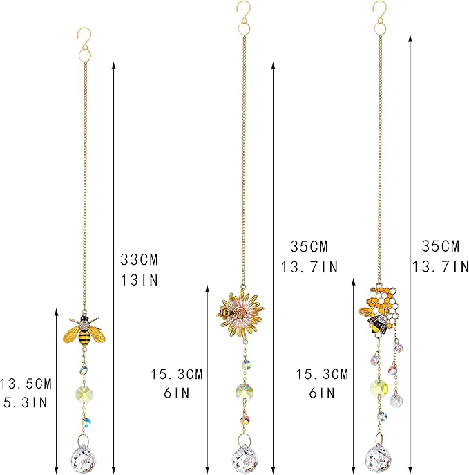 H&D HYALINE & DORA 3 Pack Sun Catcher Crystal Honeycomb Bee Ornaments Crystals Bumblebee Honeycomb with Glass Prisms Decor Garden Suncatcher Window Hanging Gifts for Women,Bee Lovers