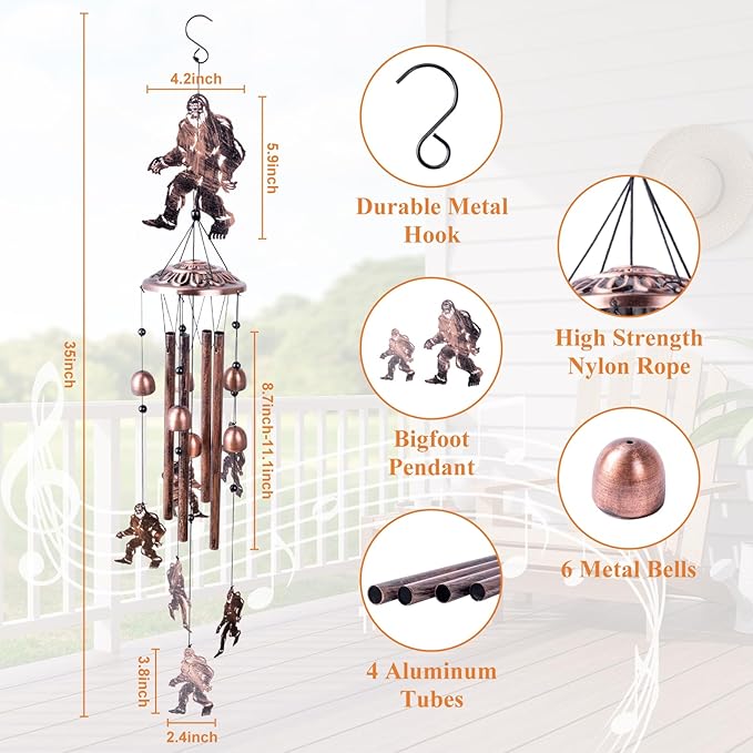 for Men Bigfoot Wind Chimes Outdoor Big Foot Sasquatch Gifts for Women/Dad/Grandpa Birthday Metal WindChimes for Outside/Indoors, Home, Lawn, Patio, Garden Decor, Yard Decor