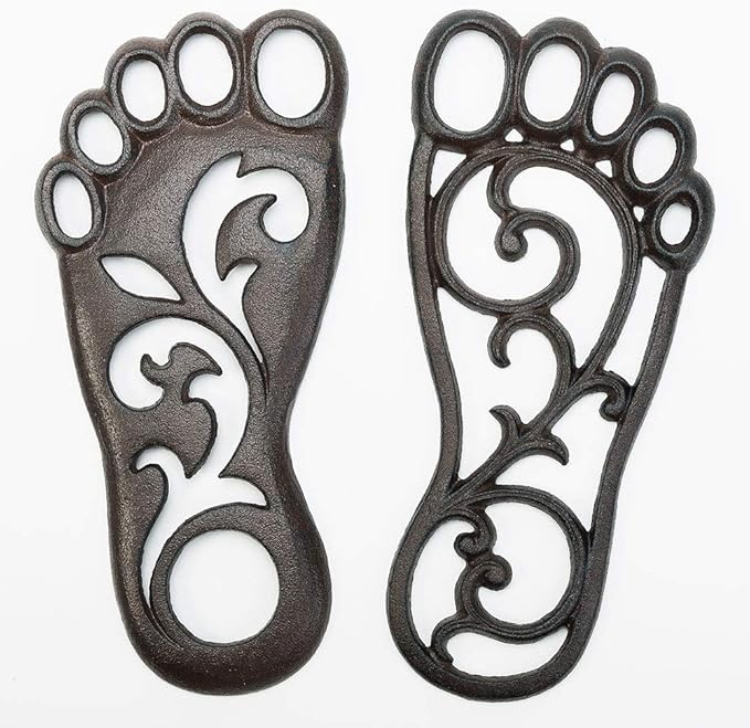 Sungmor Heavy Duty Cast Iron Stepping Mats for Front Door, 2PC 11.8 Inch Long Sturdy Metal Left & Right Footprint Stepping Stone, Retro Elegant Decorative Mat for Garden Lawn Panel Walkway Landscaping