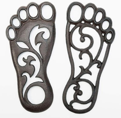 Sungmor Heavy Duty Cast Iron Stepping Mats for Front Door, 2PC 11.8 Inch Long Sturdy Metal Left & Right Footprint Stepping Stone, Retro Elegant Decorative Mat for Garden Lawn Panel Walkway Landscaping