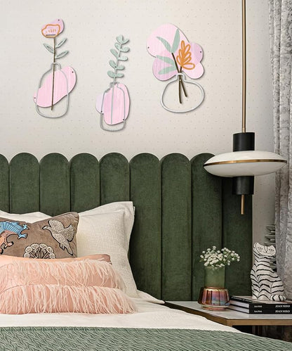 Putuo Decor 3Pcs Metal Flower Wall Art, Minimalist Flower Vase Bathroom Wall Decor, Rustic Farmhouse Decor for Living Room, Bathroom, Bedroom, Elegant Housewarming Gift(Pink)