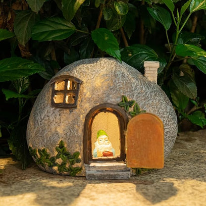 mopha Garden House Statues, Funny Gnomes Fairy Garden Lights Figurine,Mini Gnome Resin Solar Powered Outdoor Decor Patio Yard Lawn Ornament Decoration