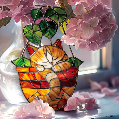 Planter Cat Window Hanging,Stained Acrylic Cat Sun Catcher for Home Office Wall Window Decor