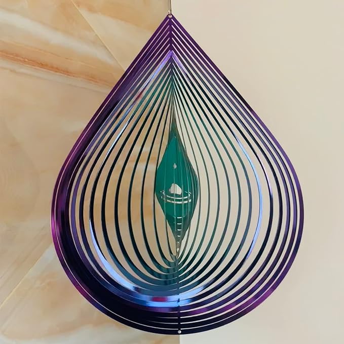 Wind Spinner Garden Indoor Outdoor Decor 3D Stainless Steel Metal Hanging Decorations, Water Droplets Shape Wind Sculptures & Spinners 12inch(Green&Purple),Gifts for Women Mom Dad Friend
