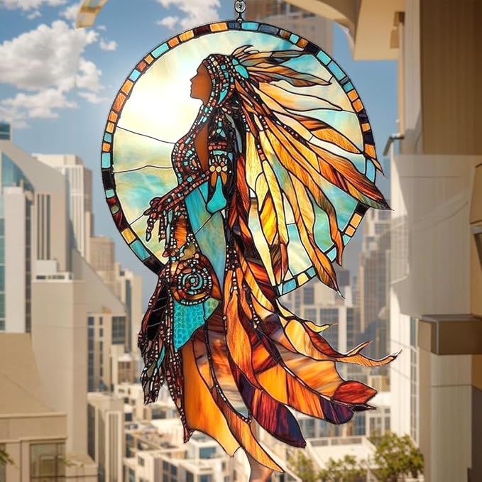 Native American Acrylic Suncatcher Colorful Window Hanging Ornament Sun Catcher Panel for Home Decor Car Garden Gift Tribal Spirit Woman Faux Stained Glass Suncatcher