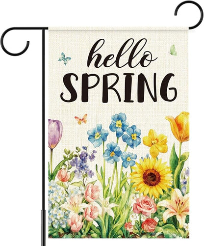 Hello Spring Garden Flag for Outside,Spring Flowers Garden Flag,Seasonal Floral Yard Lawn Porch Flags for Outdoor Decorations 12x18 Inch Double Sided