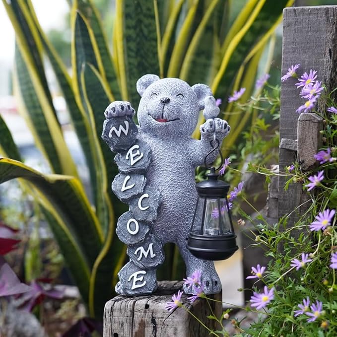 Bear Figurine Light Solar Powered Led Light- Welcome Lawn Decor Bear Garden Statues for Patio, Balcony, Yard Ornament, Outdoor Figurine Light House Housewarming Gifts, 7.8x4.13inch