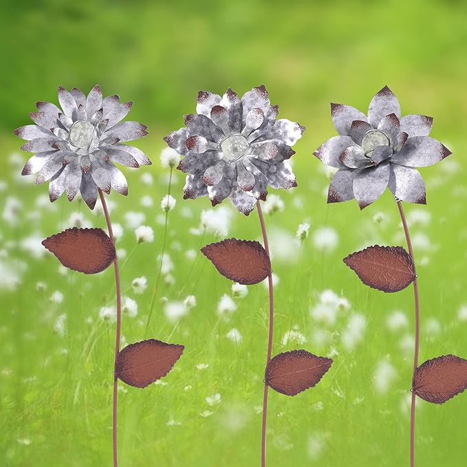 Floral Garden Stake Glow in Dark Outdoor Plant Pick Cute Metal Flower Stick Art Ornament Decorate for Lawn Yard Patio,3 Set