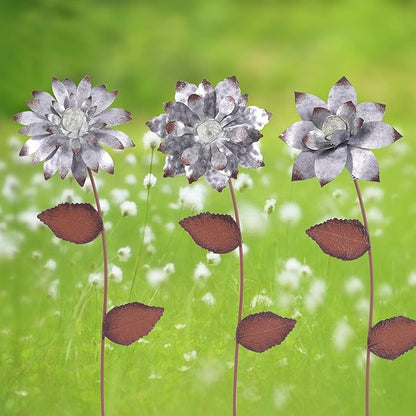 Floral Garden Stake Glow in Dark Outdoor Plant Pick Cute Metal Flower Stick Art Ornament Decorate for Lawn Yard Patio,3 Set