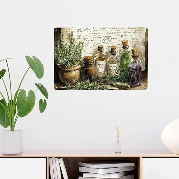 Cafemira Metal Signs,Vintage Collage of Herbs & Apothecary Jars,Charm tin sign Art Wall Decor,For Living Room,office,studio,cafe,Garden,Yard,Patio,unique artistic plaque poster,8x12 Inch