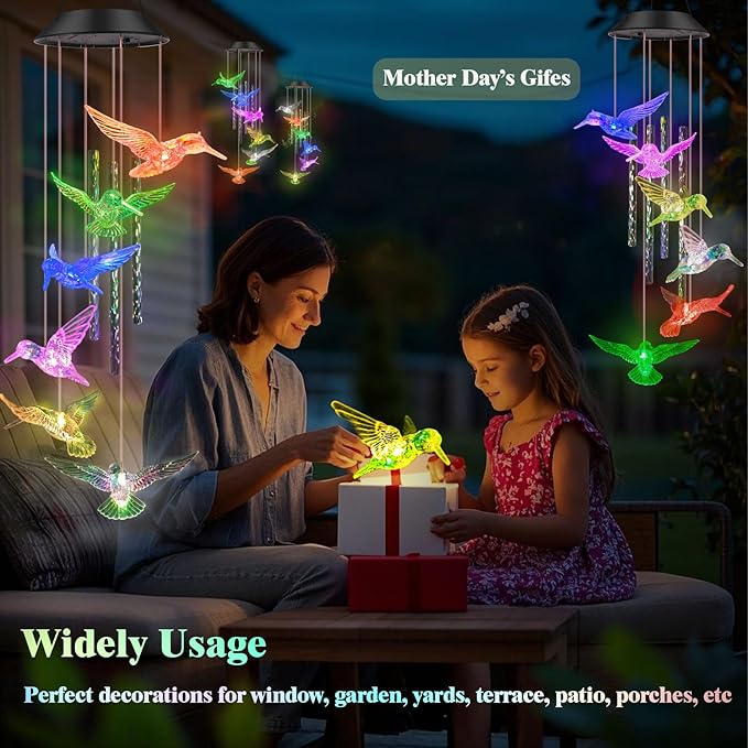 Hummingbird Solar Wind Chime lights,Unique Wind Chimes Gifts for Mom Women Grandma,Color Changing Solar Hummingbird lights Waterproof for Home Garden Yard Patio Windows Party Christmas Decor