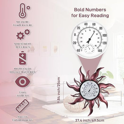 Large Sun Outdoor Thermometer, 27“ Metal Thermometer Outdoor Waterproof, Decorative Outdoor Thermometers for Patio, Outside Thermometer with Humidity(Copper)