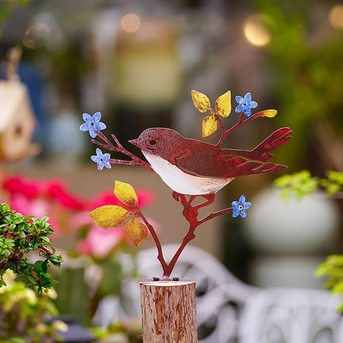 Wrought Iron Bird Decoration Metal Iron Art Animal Bird Hanging Ornaments Cute Bird Art Iron Sculpture Creative Outdoor Silhouettes Garden Crafts for Garden (red Blue)