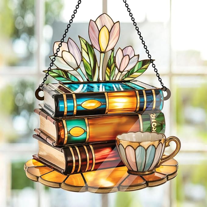 Jesuspirit - Window Hanging Suncatcher – Crystal Clear Acrylic & Wood Sun Catcher for Home Decor, for Women (Tea Cup and Library, 8 Inches)