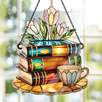 Jesuspirit - Window Hanging Suncatcher – Crystal Clear Acrylic & Wood Sun Catcher for Home Decor, for Women (Tea Cup and Library, 8 Inches)