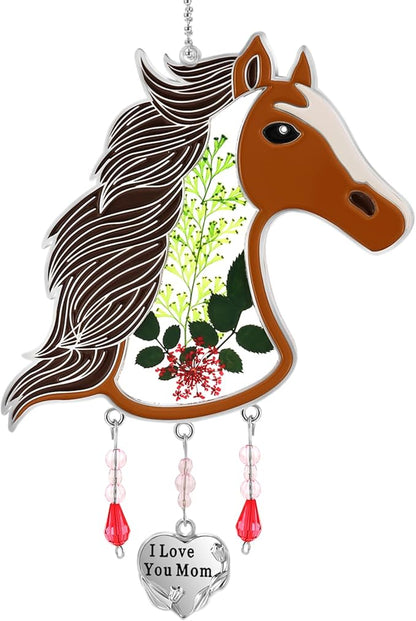 KY&BOSAM Suncatcher Horse Head Glass Hand-Painted I Love You Mom Suncatchers Ornament hangings Wind Chime with Pressed Flower Horse Embedded in Glass Window Mother`s Day Birthdays…