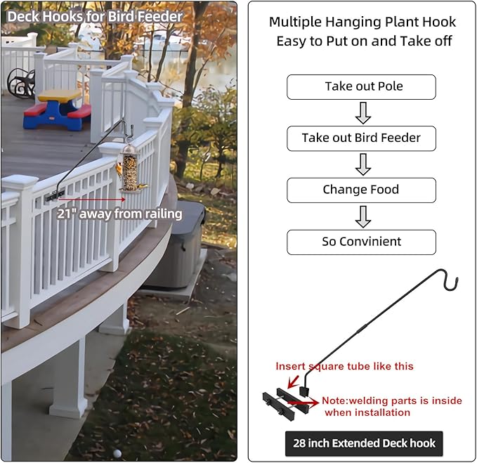 Deck Hook Railing Mount - Heavy Duty Metal Shepherds Hook Bracket for Outdoor Plant Hanger, Bird Feeder Hanger, Plant Hooks, Flower Baskets, Lanterns - 360° Rotating Pole, Extended Arm