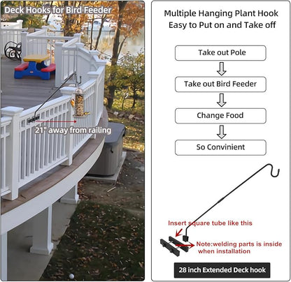 Deck Hook Railing Mount - Heavy Duty Metal Shepherds Hook Bracket for Outdoor Plant Hanger, Bird Feeder Hanger, Plant Hooks, Flower Baskets, Lanterns - 360° Rotating Pole, Extended Arm