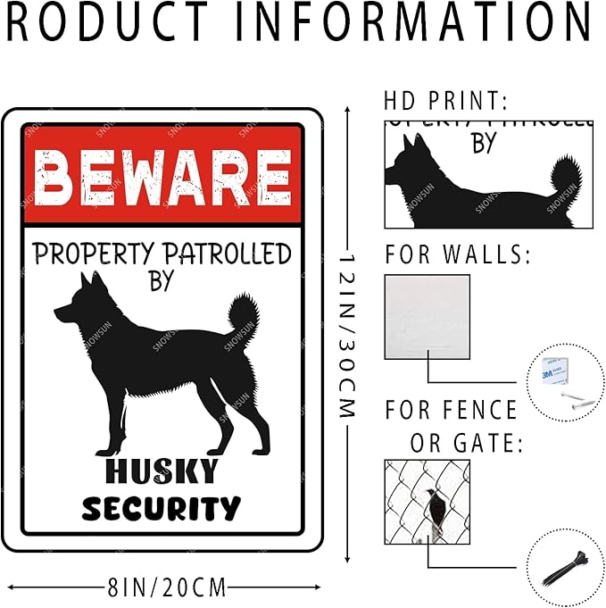 snowsun Vintage Metal Dog Signs Beware Property Patrolled By Husky Security Funny Tin Sign Wall Decor for Home Yard Garden Farm Street Outside 8×12 Inches